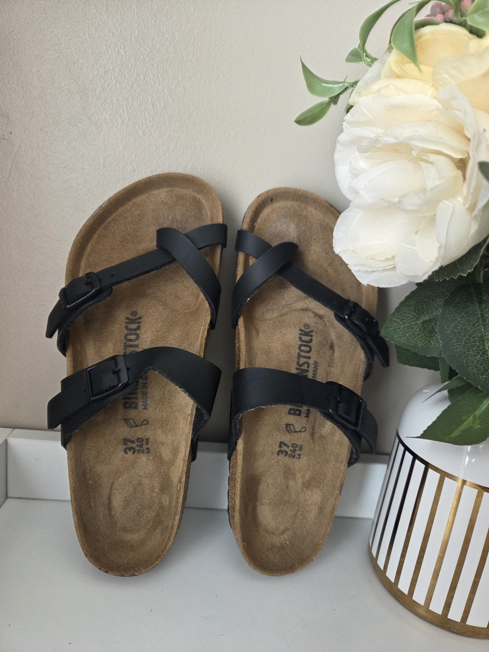 Birkenstock Black Leather Two-Strap Sandals Size 37